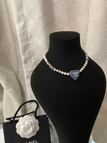 Chanel blue heart pearl rhinestone necklace-3594  
