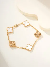 Van Cleef & Arpels White Mother-of-Pearl Gold Five-Flower Four-Leaf Clover Bracelet-3758  